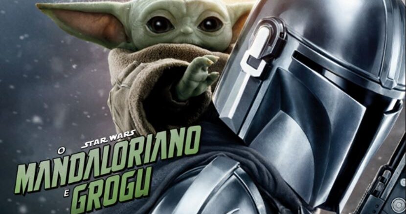 Poster promocional do filme Star Wars O Mandaloriano e Grogu com os personagens em close.