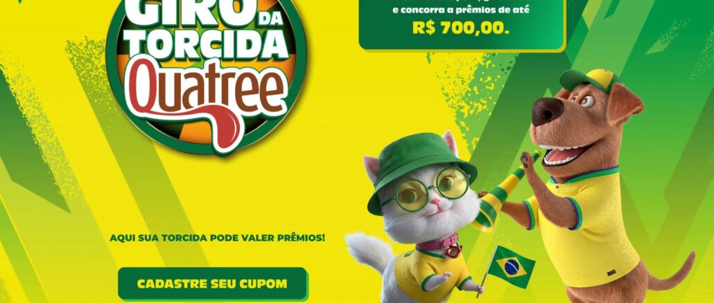 Promoção Giro da Torcida Quatree Pet 2026 Promoção Giro da Torcida Quatree Pet 2026: gato e cachorro animados com trajes da seleção brasileira ao lado do logotipo da promoção e informações sobre prêmios de até R$700,00.