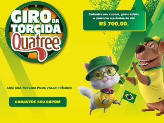 Promoção Giro da Torcida Quatree Pet 2026: gato e cachorro animados com trajes da seleção brasileira ao lado do logotipo da promoção e informações sobre prêmios de até R$700,00.