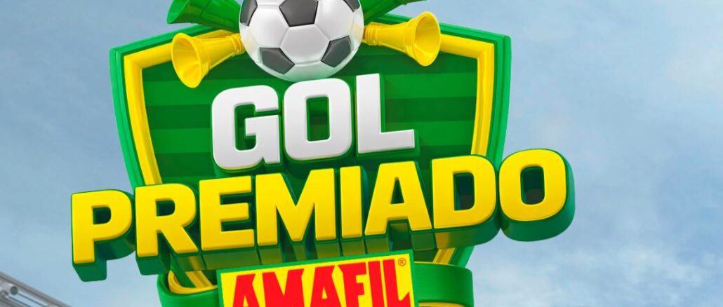 Logotipo da promoção Gol Premiado Amafil com uma bola de futebol e vuvuzelas sobre um escudo verde e amarelo.