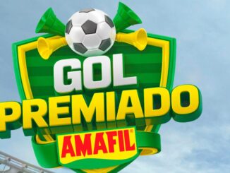 Logotipo da promoção Gol Premiado Amafil com uma bola de futebol e vuvuzelas sobre um escudo verde e amarelo.