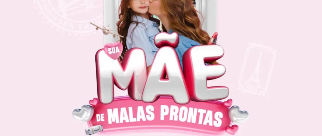 Peça publicitária da promoção Sua Mãe de Malas Prontas da Inovar Cosméticos, com mãe e filha pequena em janela de avião ao fundo, rodeadas por elementos como avião em miniatura, batom, corações e malas, em tons de rosa e branco.