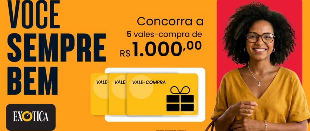 Peça publicitária da Joalheria Exótica com fundo laranja, apresentando mulher sorridente usando óculos e roupa amarela, ao lado de três vales-compra amarelos e a frase "Você Sempre Bem".