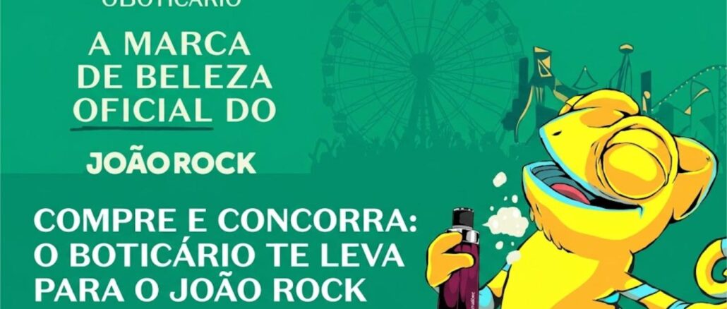 Banner promocional do o Boticário como marca de beleza oficial do festival João Rock, com a frase "Compre e concorra: o Boticário te leva para o João Rock" e o mascote do festival segurando um frasco do perfume Malbec.