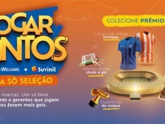 Banner da promoção Jogar Juntos, parceria entre Sherwin-Williams e Suvinil, com prêmios como camisas de edição limitada, prêmios diários de chute a gol, experiência de craque e sorteio de experiências exclusivas mais R$5mil.