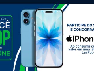 Banner da Promoção Você Pop com iPhone da LavPop, mostrando um iPhone 17 azul e o convite para participar do sorteio ao consumir qualquer valor em uma lavanderia LavPop.