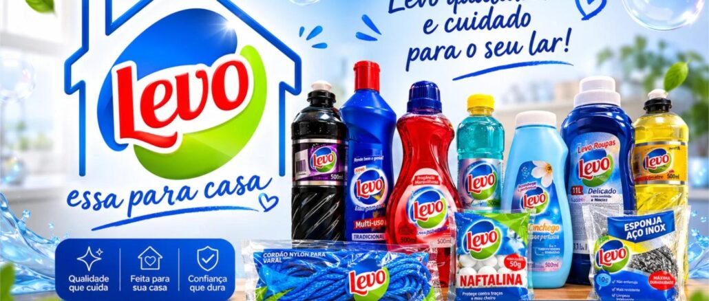 Promoção Levo Essa Para Casa em Pernambuco Peças da linha de produtos Levo, incluindo detergentes, amaciante, naftalina, esponja de aço inox e cordão de varal, com a marca Levo em destaque e o slogan "Levo qualidade e cuidado para o seu lar!".