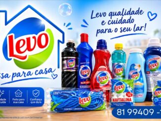 Peças da linha de produtos Levo, incluindo detergentes, amaciante, naftalina, esponja de aço inox e cordão de varal, com a marca Levo em destaque e o slogan "Levo qualidade e cuidado para o seu lar!".