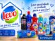 Peças da linha de produtos Levo, incluindo detergentes, amaciante, naftalina, esponja de aço inox e cordão de varal, com a marca Levo em destaque e o slogan "Levo qualidade e cuidado para o seu lar!".
