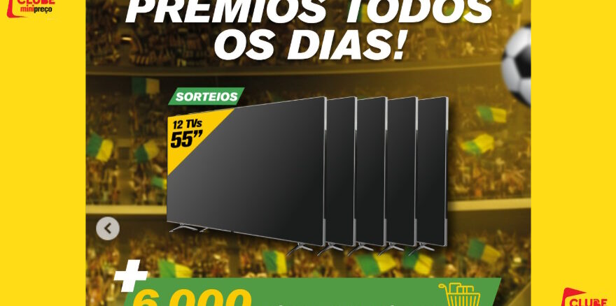 Anúncio da promoção Clube MiniPreço em Campo com fundo de estádio de futebol, destacando o sorteio de 12 TVs de 55 polegadas e mais de 6.000 prêmios instantâneos.