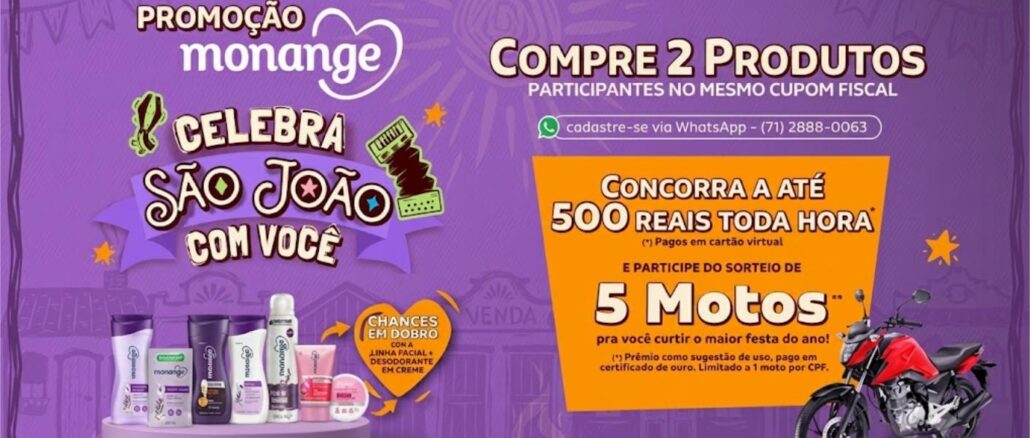 Banner da Promoção Monange Celebra São João com Você, com fundo roxo temático de festa junina, produtos da linha Monange, uma moto vermelha e destaque para os prêmios: até R$500 toda hora e sorteio de 5 motos.