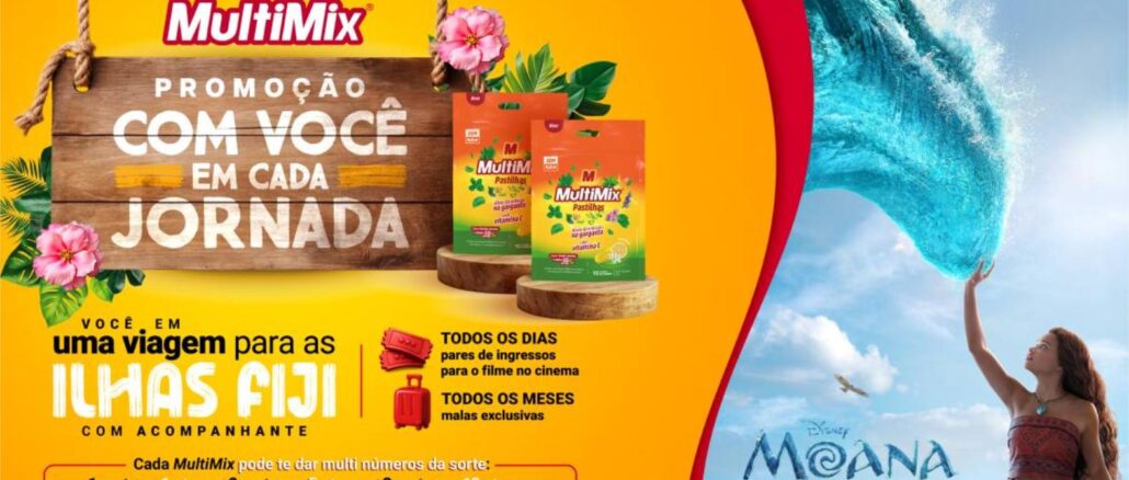 Peças promocional da MultiMix Pastilhas com o título "Com Você em Cada Jornada", exibindo embalagens do produto, prêmios como viagem às Ilhas Fiji e ingressos de cinema, em parceria com o filme Moana da Disney, previsto para julho de 2026.