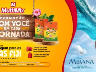 Peças promocional da MultiMix Pastilhas com o título "Com Você em Cada Jornada", exibindo embalagens do produto, prêmios como viagem às Ilhas Fiji e ingressos de cinema, em parceria com o filme Moana da Disney, previsto para julho de 2026.