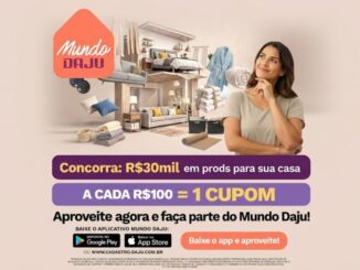 Banner promocional da Mundo Daju com prêmio de R$30mil em produtos para casa, mostrando ambientes decorados e a mecânica de participação por cupons.