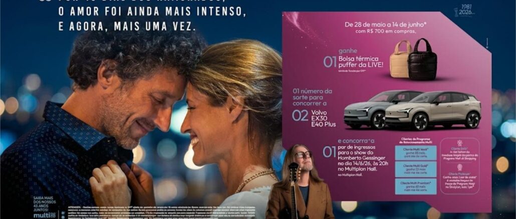 Promoção Namorados RibeirãoShopping 2026 Promoção de Dia dos Namorados do RibeirãoShopping 2026, com prêmios que incluem bolsa térmica puffer da LIVE, dois Volvo EX30 E40 Plus e ingressos para show de Humberto Gessinger.