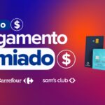 Banner da Promoção Pagamento Premiado, com logos do Atacadão, Carrefour e Sam's Club, cartões de crédito das bandeiras e celular com tela do Pix.