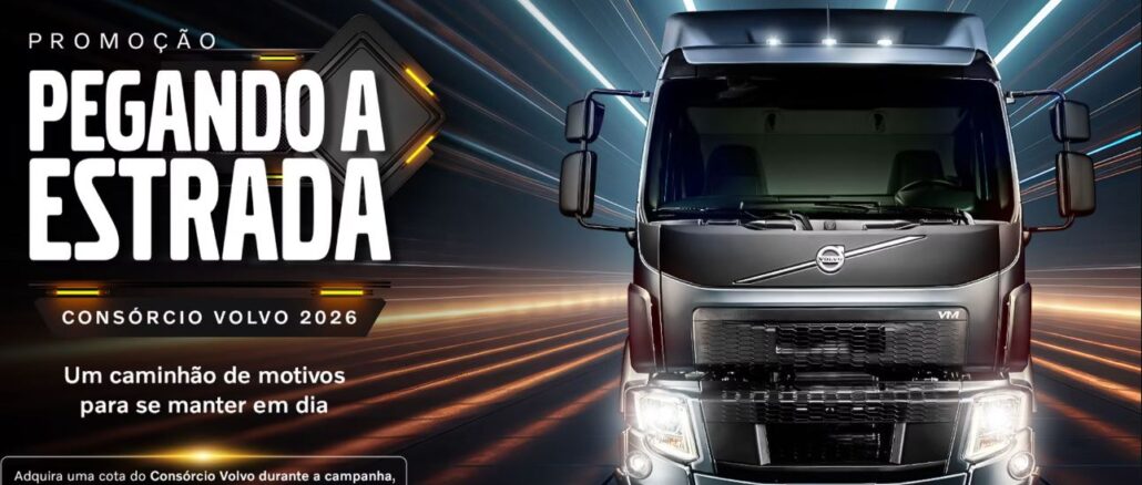 Promoção Pegando a Estrada Consórcio Volvo 2026 Peça publicitária da Promoção Pegando a Estrada, do Consórcio Volvo 2026, com imagem de um caminhão Volvo VM de frente em cenário escuro com feixes de luz ao fundo.