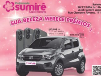 Anúncio da Perfumaria Sumirê com fundo rosa brilhante mostrando um carro Fiat Mobi cinza e três iPhones 16 como prêmios de um sorteio.