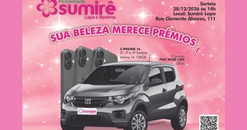 Anúncio da Perfumaria Sumirê com fundo rosa brilhante mostrando um carro Fiat Mobi cinza e três iPhones 16 como prêmios de um sorteio.