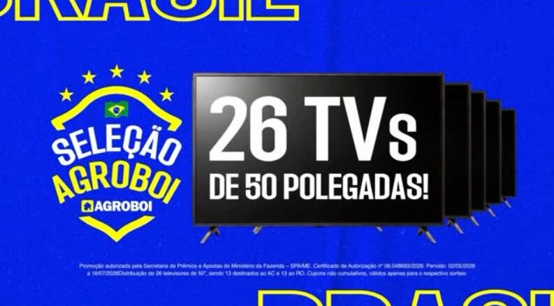 Promoção Seleção Agroboi no Acre e Rondônia Banner publicitário da promoção Seleção Agroboi sobre fundo azul. À esquerda, o logotipo com um escudo amarelo e azul, estrelas e a bandeira do Brasil. No centro, uma pilha de televisores de tela plana com o texto 26 TVs DE 50 POLEGADAS! em destaque.