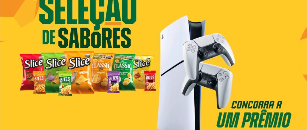 Promoção Slice Seleção de Sabores 2026: embalagens dos produtos Slice Bites e Slice Classic sobre fundo amarelo, ao lado de um console PlayStation 5 com dois controles, e o texto "Concorra a um prêmio por jogo!".