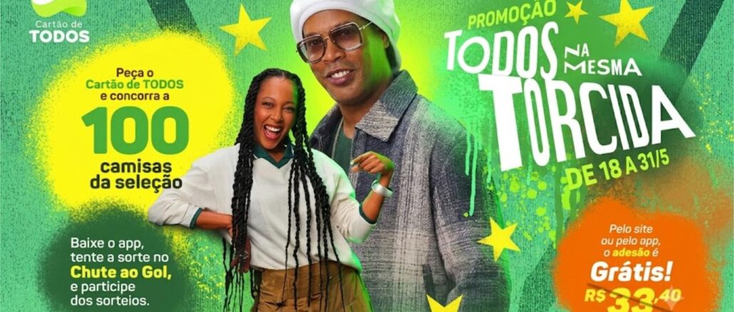 Banner promocional do Cartão de Todos com a campanha Todos na Mesma Torcida, de 18 a 31 de maio, apresentando dois embaixadores da marca em fundo verde com estrelas amarelas.