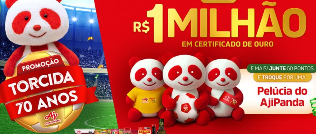 Imagem promocional da campanha Torcida 70 Anos da Ajinomoto. Apresenta o mascote AjiPanda em destaque em um estádio de futebol, anunciando o prêmio final de R$1.000.000,00 e a oportunidade de trocar pontos por pelúcias do personagem. Diversos produtos da marca, como Sazón e MID, aparecem na base da composição.