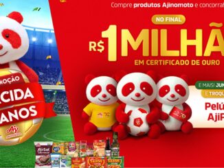Imagem promocional da campanha Torcida 70 Anos da Ajinomoto. Apresenta o mascote AjiPanda em destaque em um estádio de futebol, anunciando o prêmio final de R$1.000.000,00 e a oportunidade de trocar pontos por pelúcias do personagem. Diversos produtos da marca, como Sazón e MID, aparecem na base da composição.