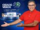 Arte promocional da TV Cidade Verde em comemoração aos 40 anos do canal, exibindo um apresentador de camisa vermelha ao lado de smart TVs AOC dispostas em pedestal iluminado, com o slogan "A boa imagem do Piauí".