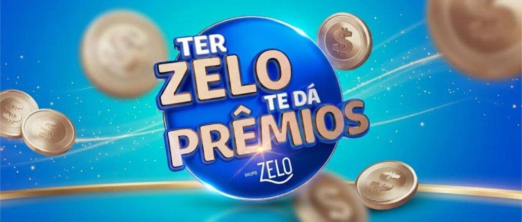 Anúncio publicitário com o título Ter Zelo Te Dá Prêmios em destaque centralizado sobre um fundo azul com moedas de ouro flutuando.