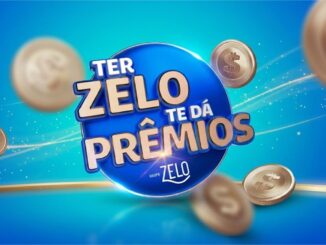 Anúncio publicitário com o título Ter Zelo Te Dá Prêmios em destaque centralizado sobre um fundo azul com moedas de ouro flutuando.