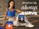 Embalagens de absorventes Always ao lado de uma jovem mulher sentada no chão em roupa esportiva azul e branca, com a frase "Promo tô always suave" ao fundo.