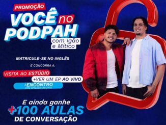 Banner promocional da Wizard com dois jovens apresentadores do podcast Podpah, Igão e Mítico, divulgando a promoção Você no Podpah, que oferece visita ao estúdio, assistir a um episódio ao vivo e encontro com os apresentadores para quem se matricular no curso de inglês.