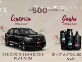 Banner promocional do Tietê Plaza Shopping com sorteio de um Nissan Kicks Platinum e distribuição de kits de autocuidado Vult para compras acima de R$500,00, válido entre abril e julho de 2026.