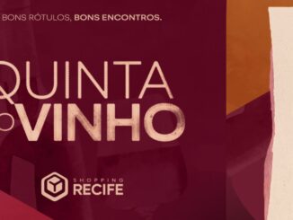 Arte promocional do evento Quinta do Vinho, do Shopping Recife, com taça de vinho ilustrada sobre fundo vinho e bege.