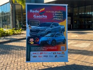 Banner promocional da Rede da Gente Gaúcha Supermercados exibindo sorteio de caminhonete RAM Rampage, carro elétrico BYD e televisores, com prêmio total de R$420.000,00.