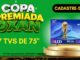 Banner promocional da Copa Premiada Oxan Supermercados, com sorteio de 7 televisores Hisense QLED de 75 polegadas, válido de 15/05/2025 a 14/07/2026, certificado SPA/ME nº 04.049782/2026.