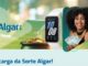 Banner promocional da campanha Recarga da Sorte Algar, com smartwatch, pote de moedas de ouro e mulher segurando notas de reais.