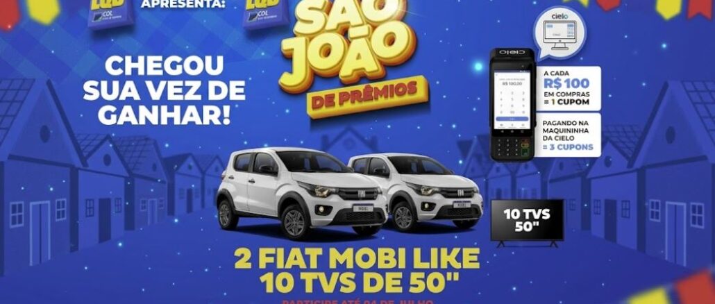 Peça publicitária da promoção São João de Prêmios do LQD Feira de Santana, com prêmios de 2 Fiat Mobi Like e 10 TVs de 50 polegadas, válida até 4 de julho de 2026.