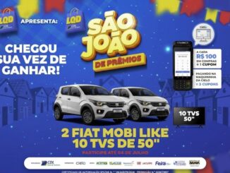 Peça publicitária da promoção São João de Prêmios do LQD Feira de Santana, com prêmios de 2 Fiat Mobi Like e 10 TVs de 50 polegadas, válida até 4 de julho de 2026.