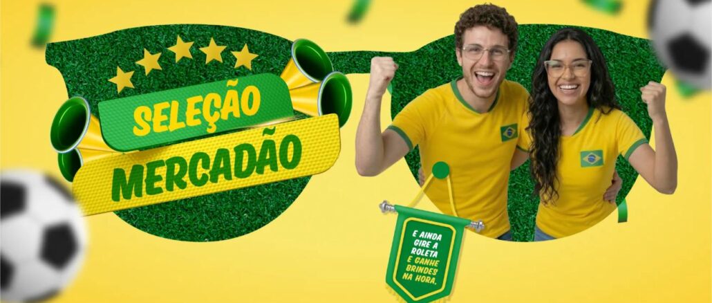 Peça publicitária da promoção Seleção Mercadão dos Óculos 2026, com cores verde e amarelo inspiradas na seleção brasileira, dois modelos comemorando vestindo camisetas do Brasil, e a frase "E ainda gire a roleta e ganhe brindes na hora".
