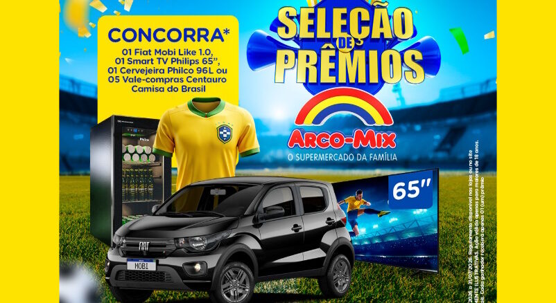 Banner promocional da campanha Seleção de Prêmios do supermercado Arco-Mix, com fundo de estádio de futebol iluminado, exibindo os prêmios sorteados: um Fiat Mobi Like 1.0 preto, uma Smart TV Philips 65 polegadas, uma cervejeira Philco 96 litros, uma camisa da Seleção Brasileira e vales-compras Centauro.