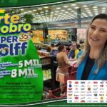 Banner publicitário da promoção Sorte em Dobro do Supermercado Super Golff, com prêmios em vale-compras de R$5.000,00 e R$8.000,00, apresentada por uma mulher dentro de uma unidade da rede.