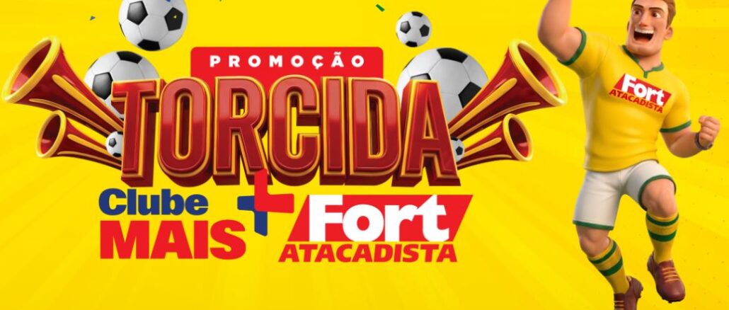TORCIDA CLUBE MAIS FORT ATACADISTA Imagem promocional da campanha Torcida Clube Mais Fort Atacadista, com personagem animado vestindo uniforme do Brasil em fundo amarelo.