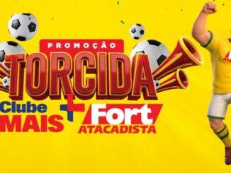 Imagem promocional da campanha Torcida Clube Mais Fort Atacadista, com personagem animado vestindo uniforme do Brasil em fundo amarelo.