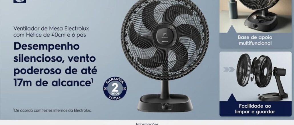 Anúncio do Ventilador de Mesa Electrolux 40cm 6 Pás Efficient DuoForce Air+ Cinza (EFD40), com destaque para desempenho silencioso, alcance de até 17 metros, base multifuncional e facilidade de limpeza, com vigência na plataforma The Insiders de 02/06/2026 a 30/06/2026.