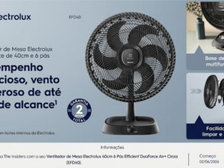 Anúncio do Ventilador de Mesa Electrolux 40cm 6 Pás Efficient DuoForce Air+ Cinza (EFD40), com destaque para desempenho silencioso, alcance de até 17 metros, base multifuncional e facilidade de limpeza, com vigência na plataforma The Insiders de 02/06/2026 a 30/06/2026.