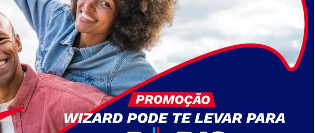 WIZARD PODE TE LEVAR PARA PARIS Arte promocional da Wizard com dois jovens sorridentes ao ar livre e o texto "Wizard Pode Te Levar Para Paris".