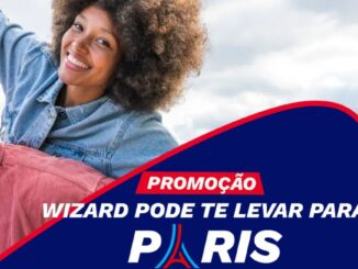 Arte promocional da Wizard com dois jovens sorridentes ao ar livre e o texto "Wizard Pode Te Levar Para Paris".