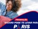Arte promocional da Wizard com dois jovens sorridentes ao ar livre e o texto "Wizard Pode Te Levar Para Paris".